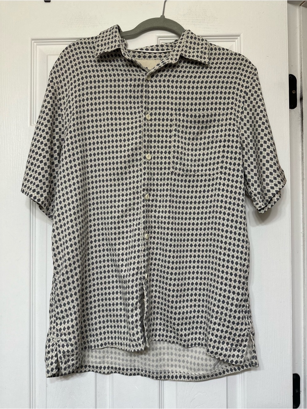 Men's Vintage Silk Short-Sleeve Patterned Button-Up Shirt - Cream & Black Size L